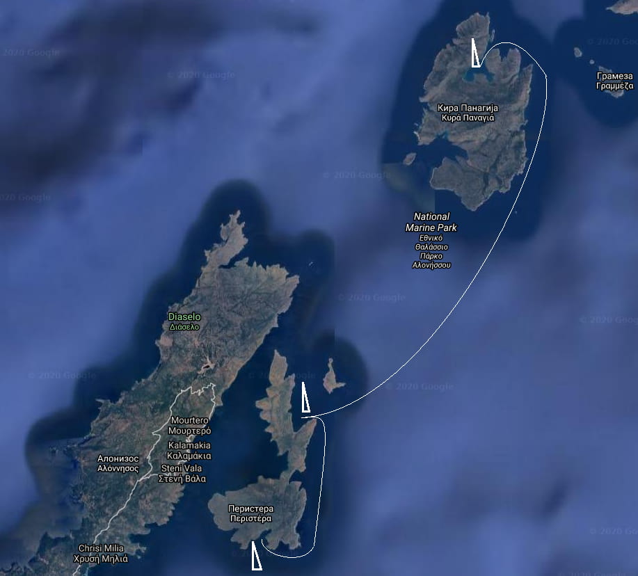 Planitis (Kyra Panagia) - Peristera (island) - draft of the Sporades 11 day cruising (sailing) route - day 7